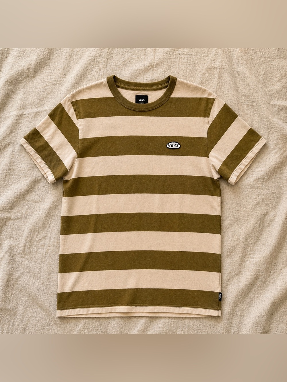 Vans Men’s Striped T-Shirt Olive Green Cream Small Skate Casual Tee